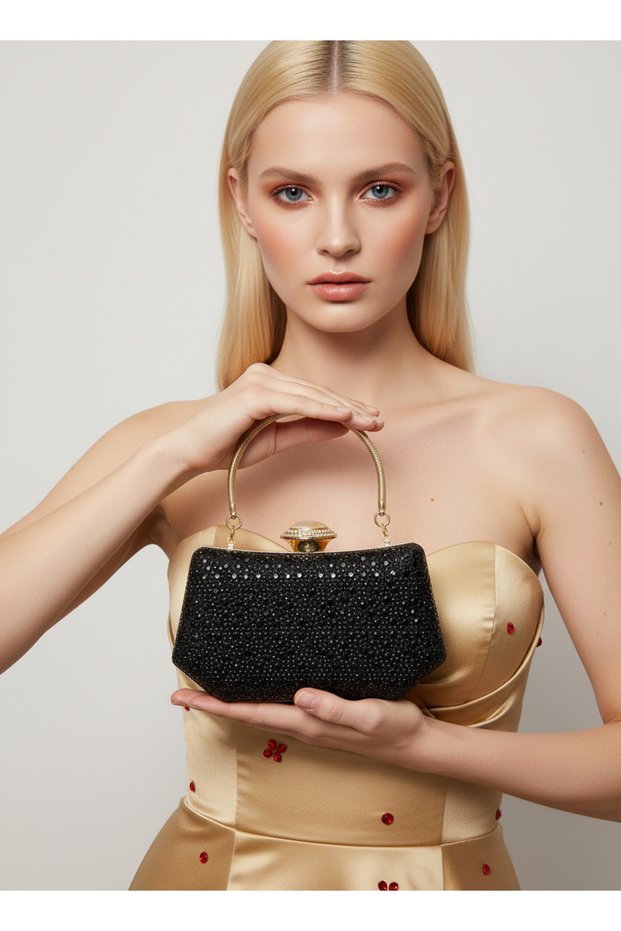 Black Color Stone Chain Detailed Chain Handle Women's Evening Dress Bag Wedding Engagement Graduation