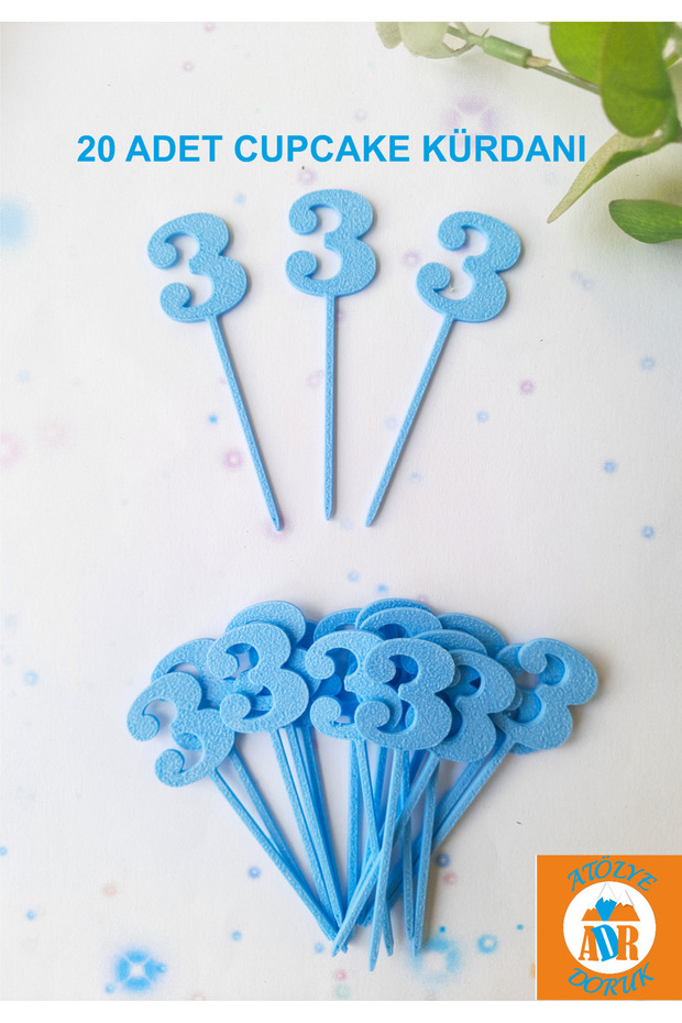 20 Pcs Blue Number 3 Cupcake Picks - Baby Boy 3 Years Old Birthday Cake Decoration Supplies