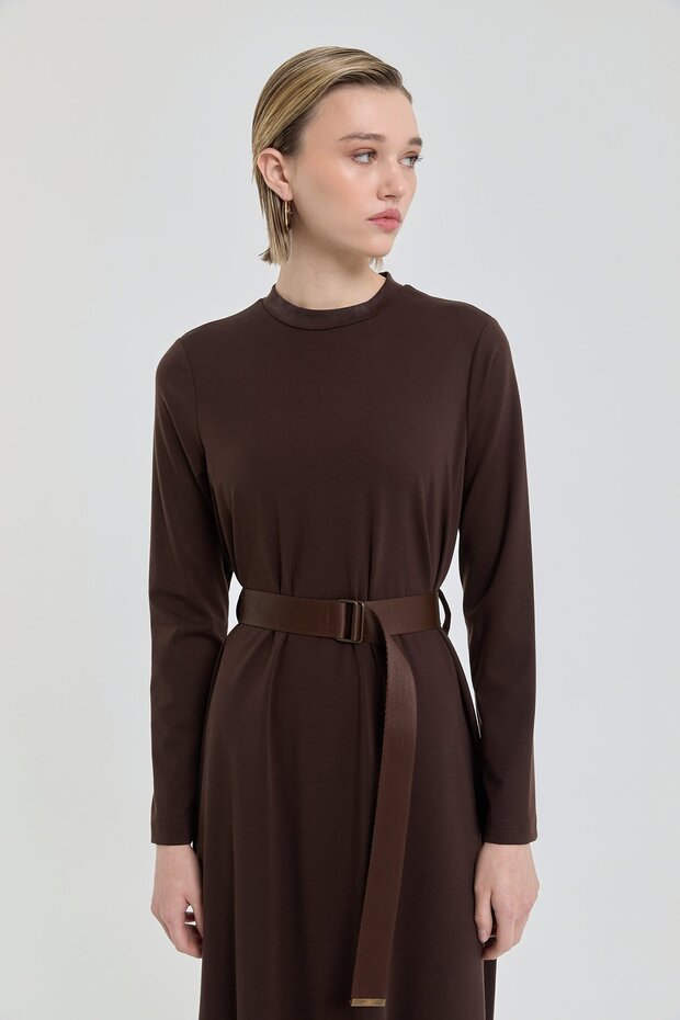 Kemerli Çelik Örme Elbise Kahve - 5