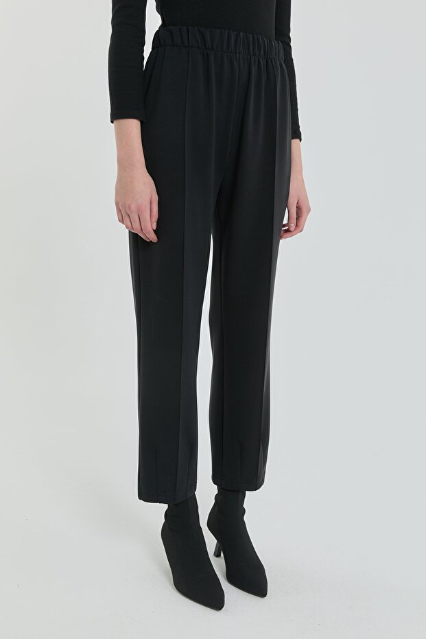 Paça Detaylı Beli Lastikli Örme Basic Pantolon Siyah - 3