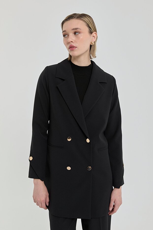 Gold Düğmeli Kruvaze Blazer Basic Ceket Siyah - 2