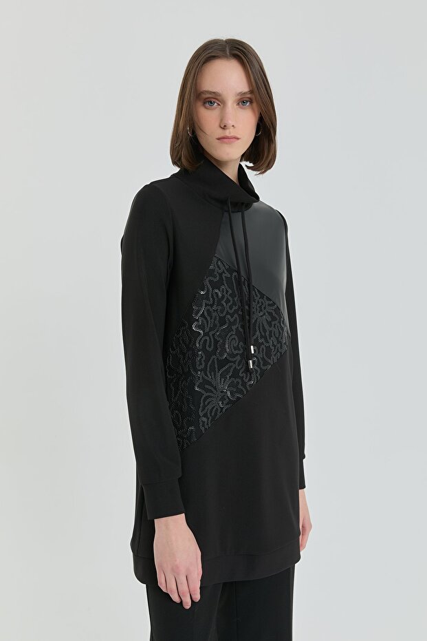 Deri ve Pullu Örme Tunik Siyah - 2