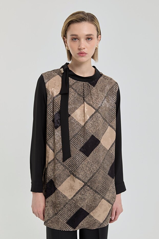 Comfortable Fit Patterned Collar Detailed Tunic Beige