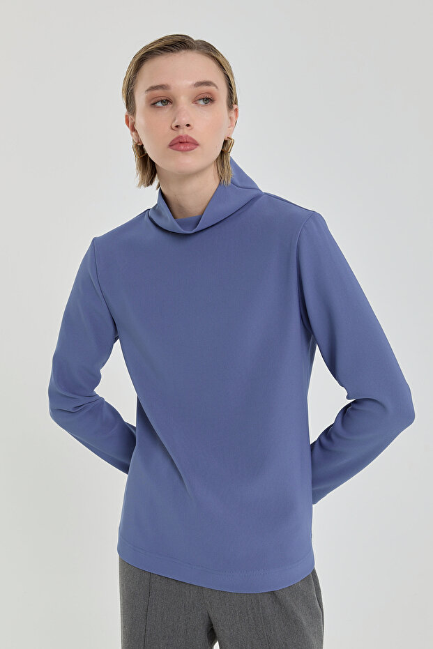 Dik Yaka Basic Örme Bluz İndigo - 2