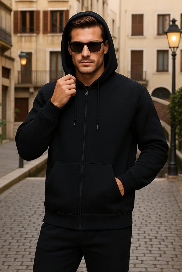 Men's Winter Hooded Black Zippered Oversized Sweat