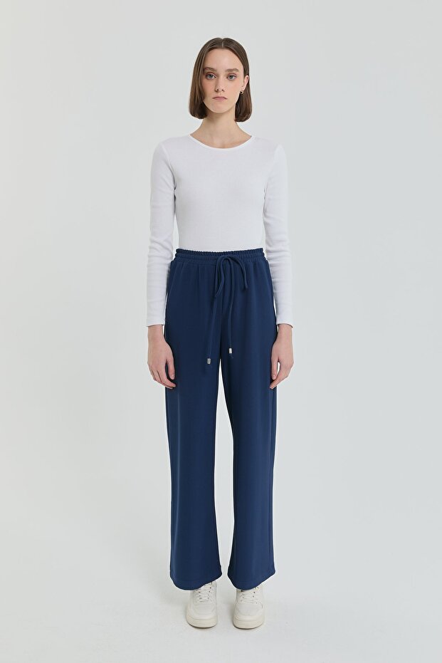 Knitted Elastic Waist Wide Leg Trousers Navy Blue