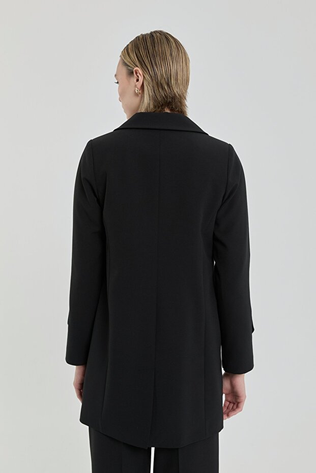 Gold Düğmeli Kruvaze Blazer Basic Ceket Siyah - 4