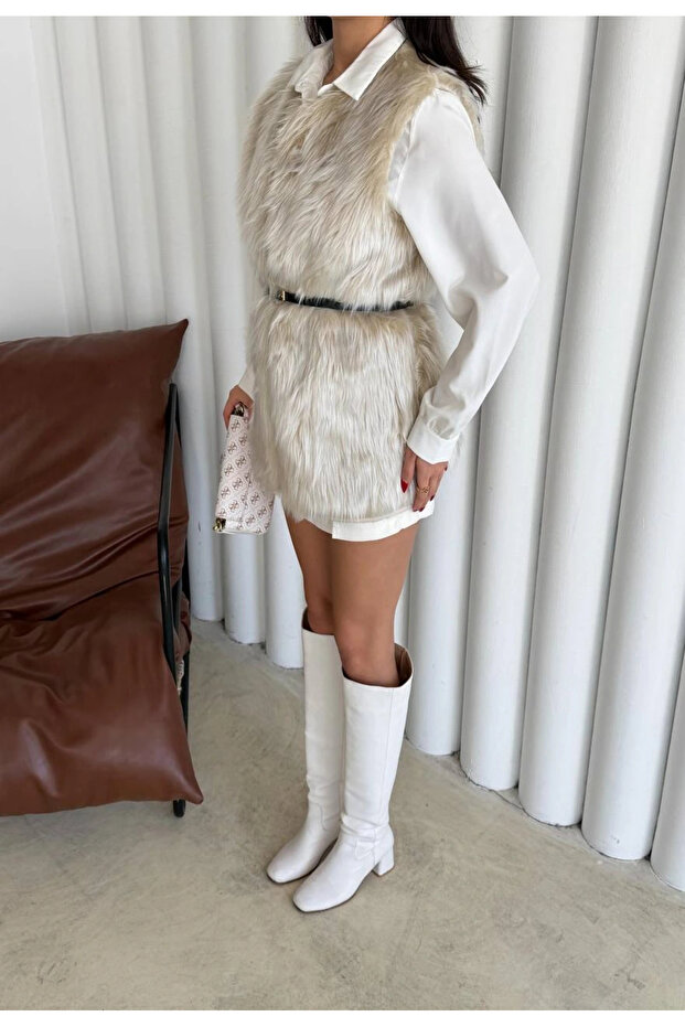 Kemerli Astarlı Kürk Yelek Ekru - 4