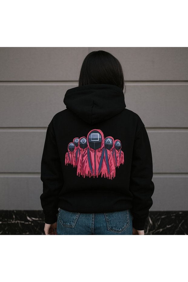 Unisex Hooded 3 Thread Ş Fleece-Lined Kangaroo Pocket Geometric Masked Squad B Printed Hoodie