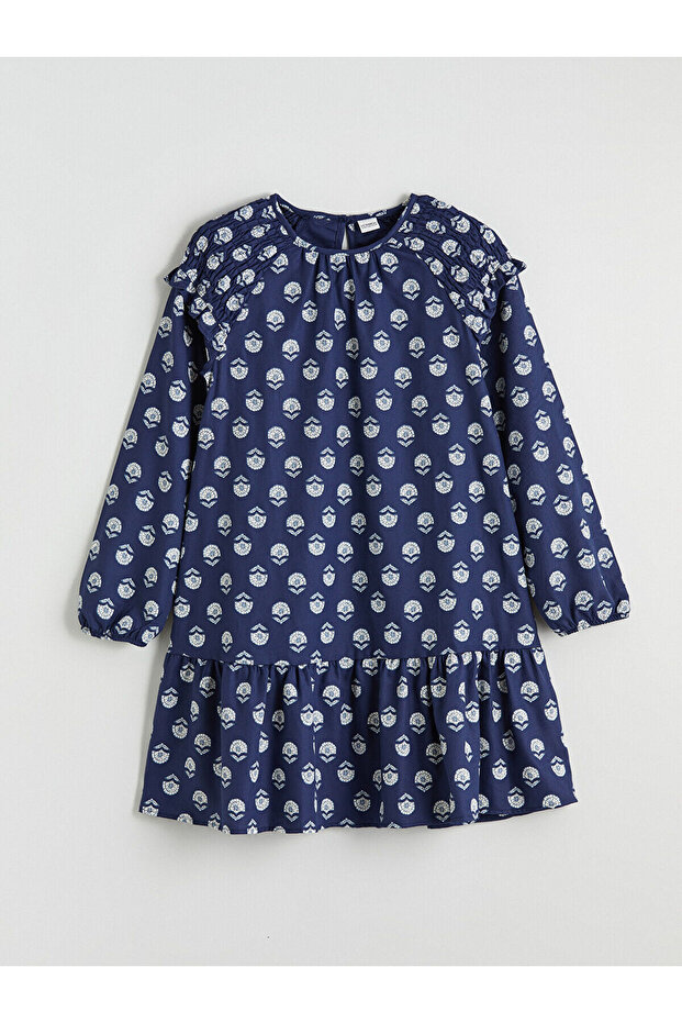 Lcw Kids Blue Crew Neck Patterned Girl's Dress