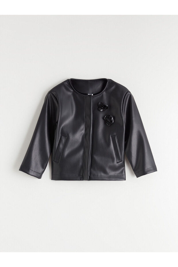Lcw Kids Black Floral Leather Look Girls' Jacket