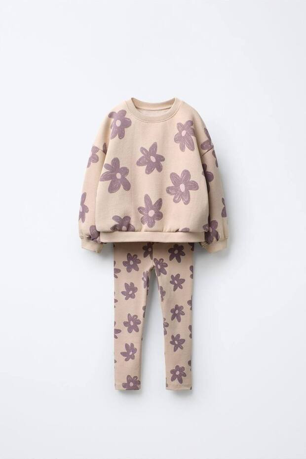 Girl's Floral Print Three-Thread Class Full-Fit Winter Suit