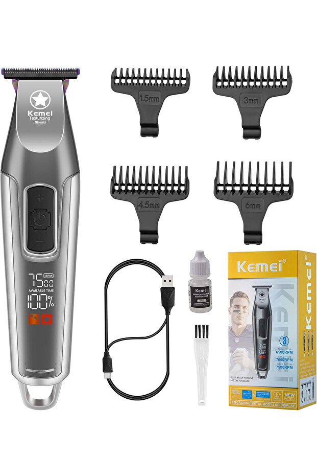 Hair Trimmer KM-1919 for Men, Cordless T-Blade Beard Trimmer (Gray)