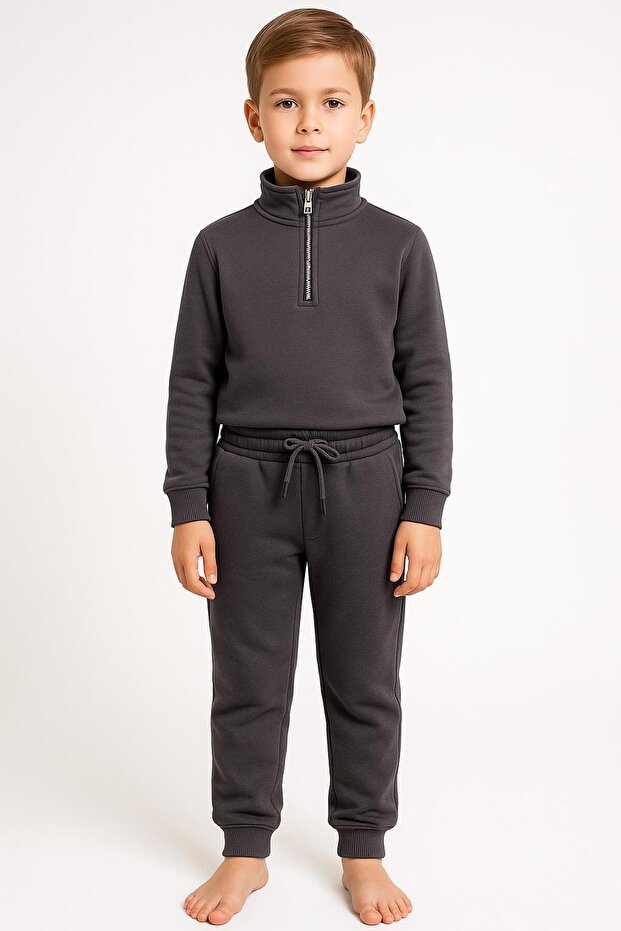 Unisex Half-Zipper, Half-Zipper 3-Thread Thick Winter Tracksuit Set Smoked
