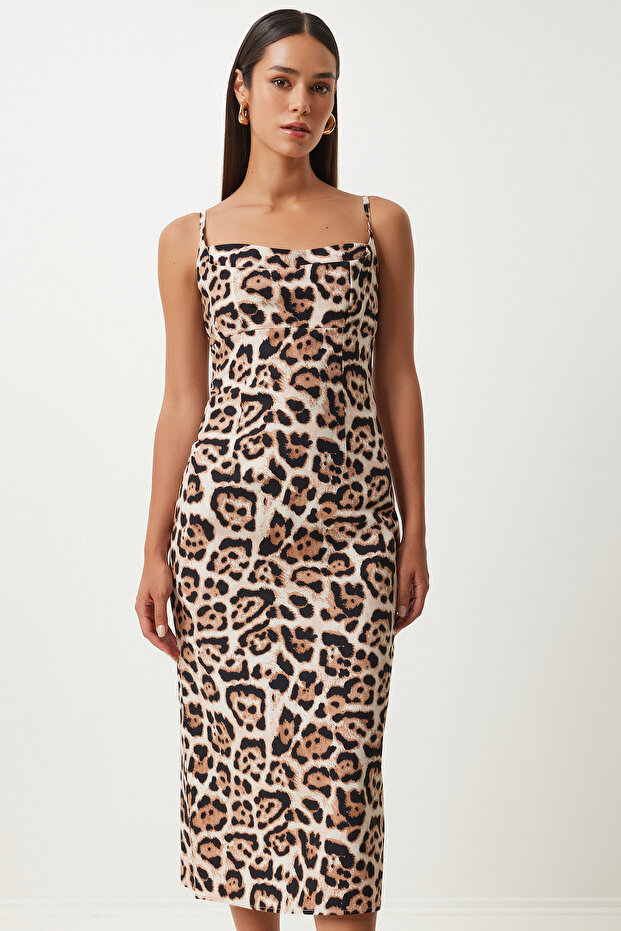 Leopard Print Strap Midi Dress Lkj0006 Black Beige