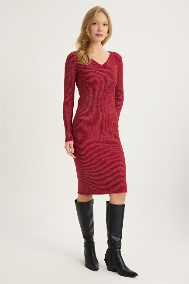 Triko Simli V Yaka Elbise - 3