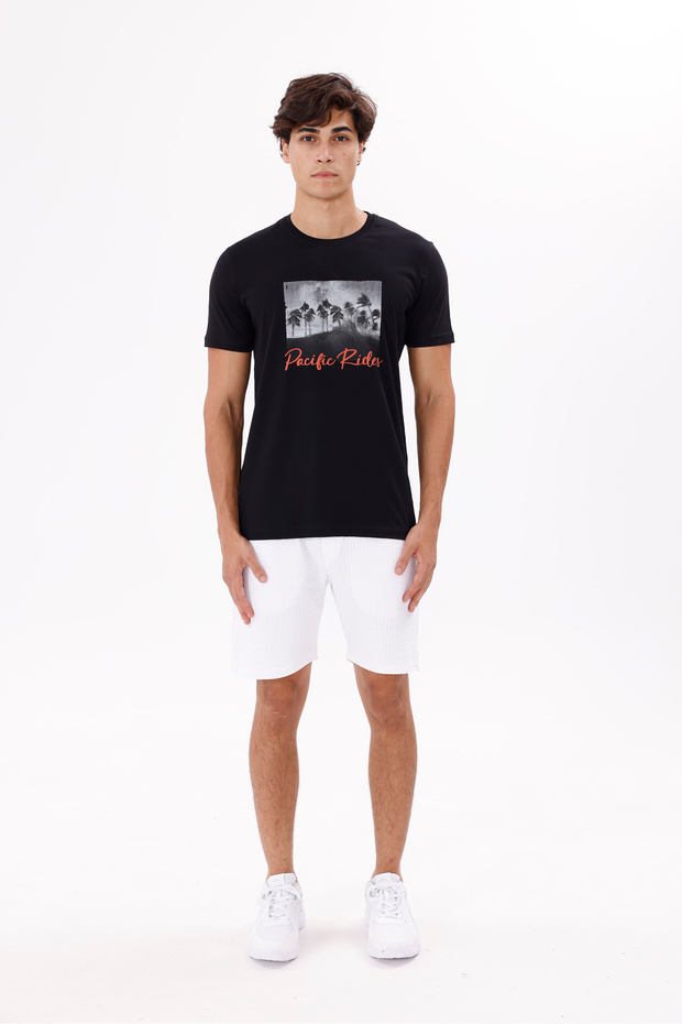 Crew Neck Relaxed Fit Soft Textured Front Printed Short Sleeve T-Shirt
