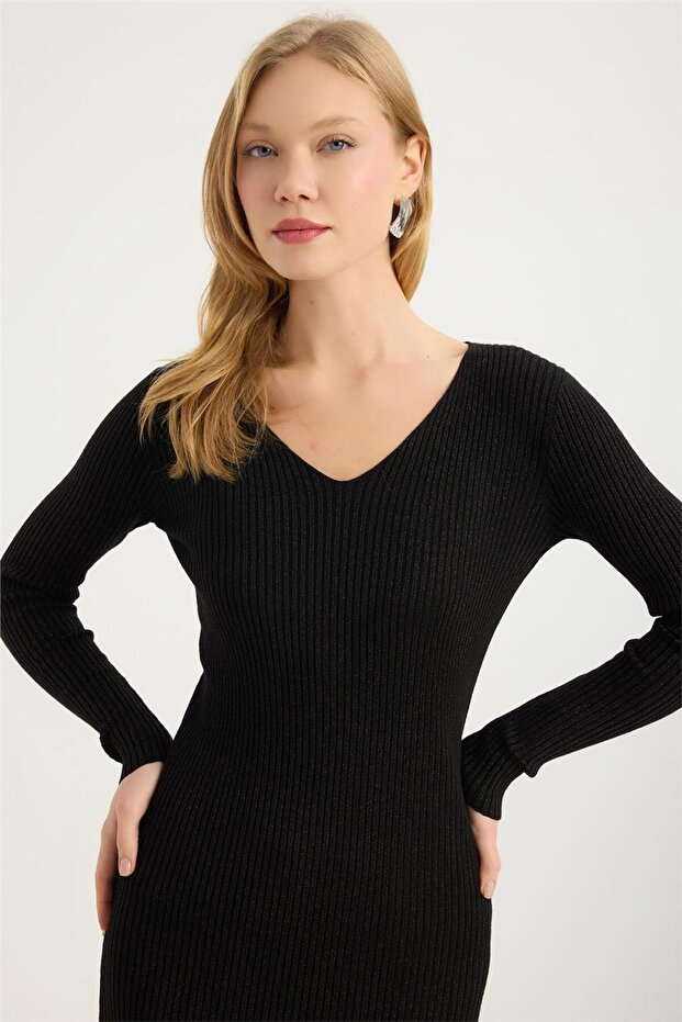 Triko Simli V Yaka Elbise - 4