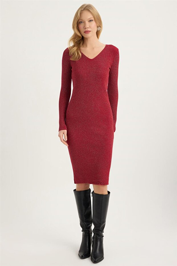 Triko Simli V Yaka Elbise - 1