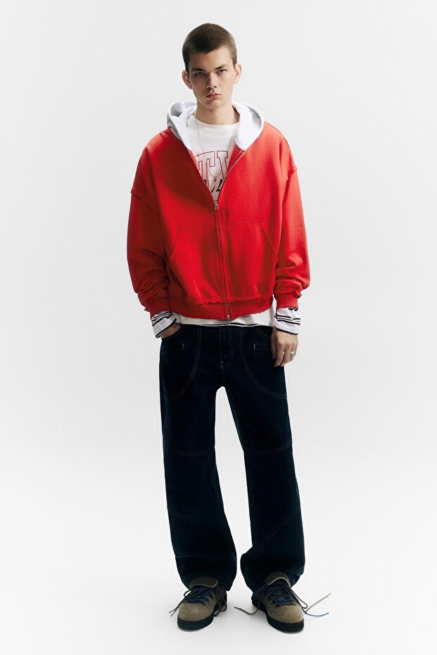 Kontrast kapüşonlu fermuarlı sweatshirt - 3