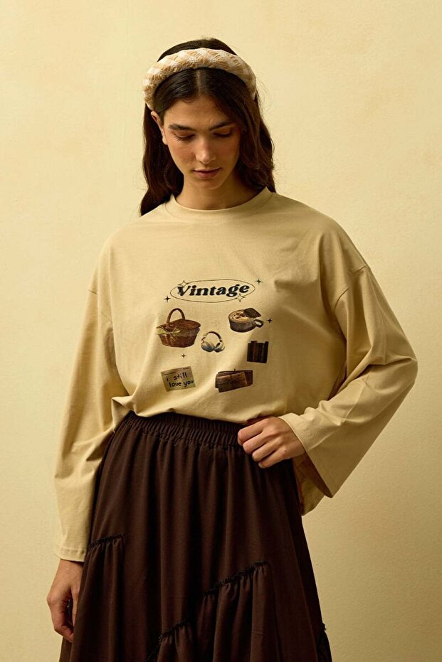 Bej Vintage Baskılı Basic Body - 2