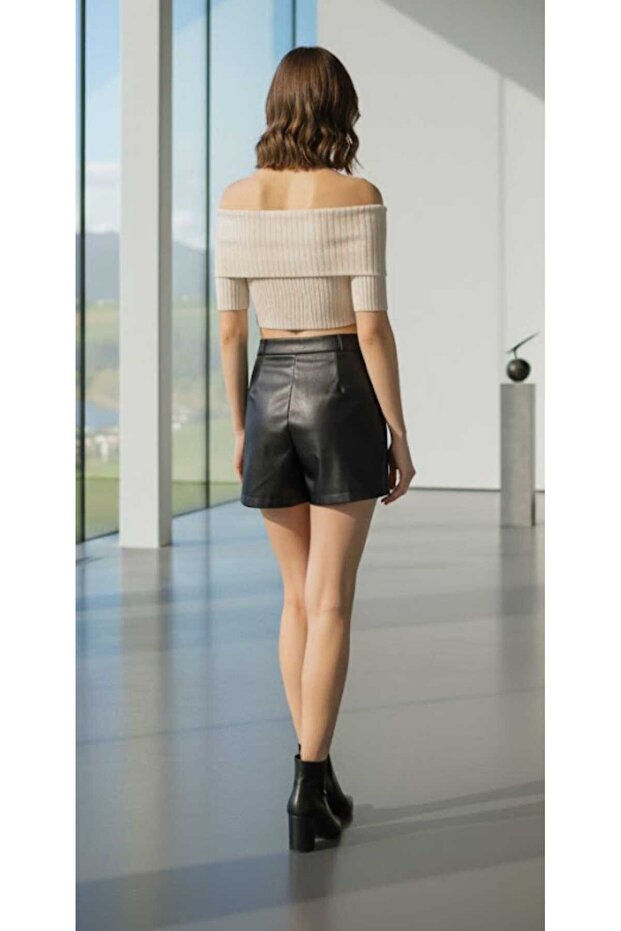 Şardonlu Mini Deri Şort Etek - 3