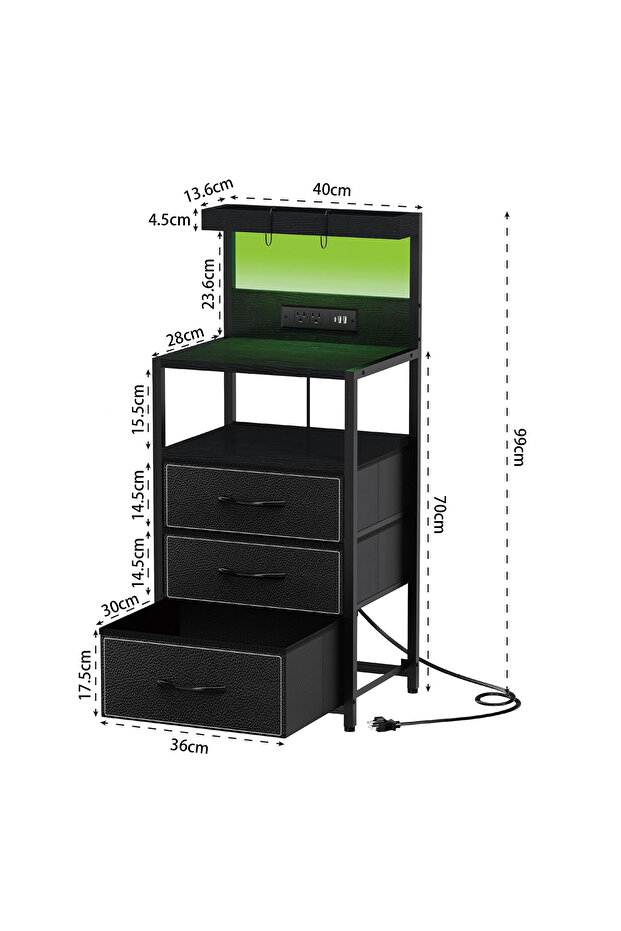 Modern Black Bedside Table with Charging & LED Lights, 3 Drawers & Shelves for Bedroom Storage
