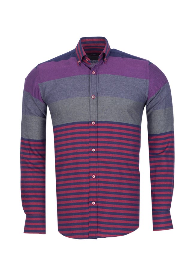 Men's Contrast Color Block Stripe Woven Shirt – Purple Gray Burgundy