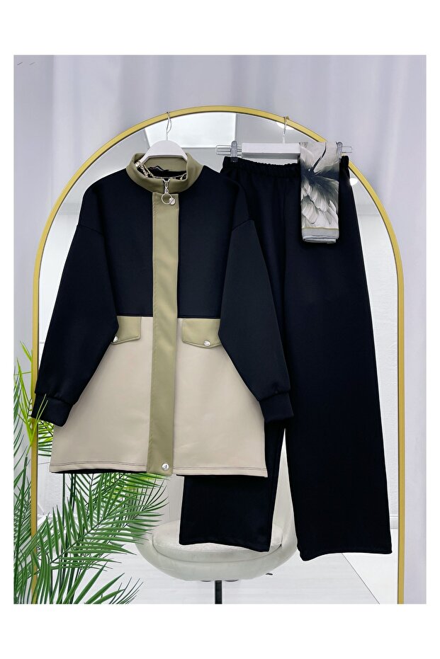 Stand-Up Collar Zippered Jacket and Pants Double Set