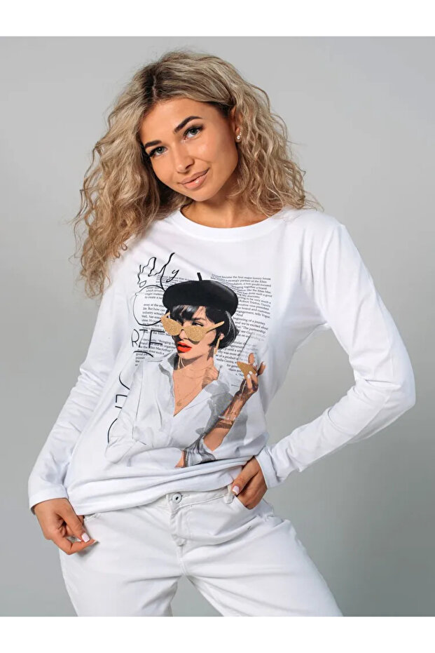 سترة بيضاء قصة فضفاضة مطبوع أساسية بأكمام طويلة - 2