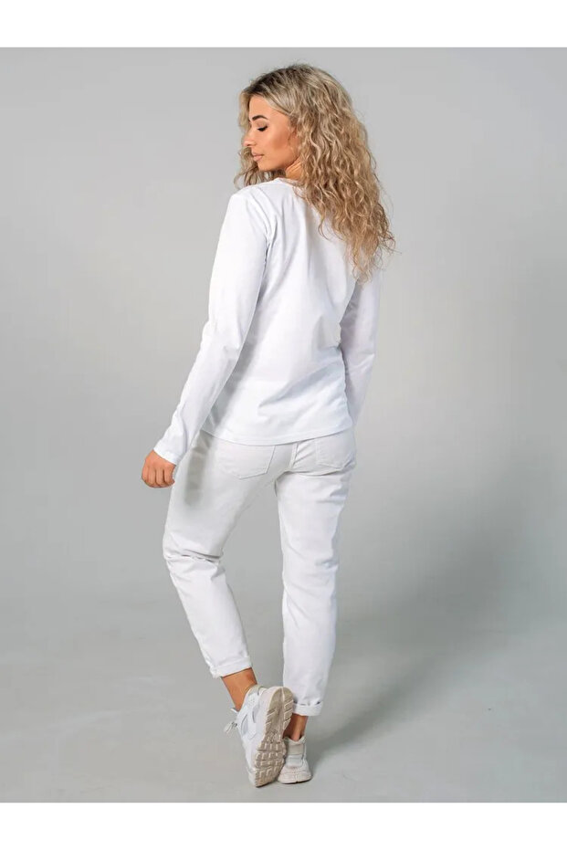 سترة بيضاء قصة فضفاضة مطبوع أساسية بأكمام طويلة - 6