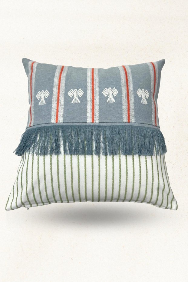 Ethnic Patterned Linen Throw Pillow | Tassel Design, 42X42 Decorative Pillow