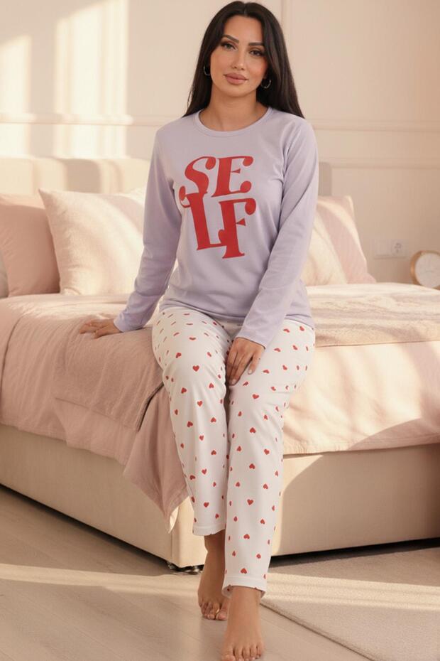 Women's Self Slogan Six Heart Pattern Crew Neck Long Sleeve Six Long Combed Cotton Pajama Set