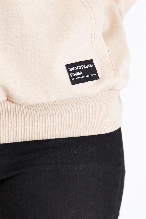 Kadın Bej Kapüşonlu Basic Örme Sweatshirt - 5
