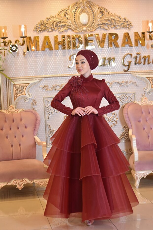 Dicle Bordo Abiye Elbise - 4