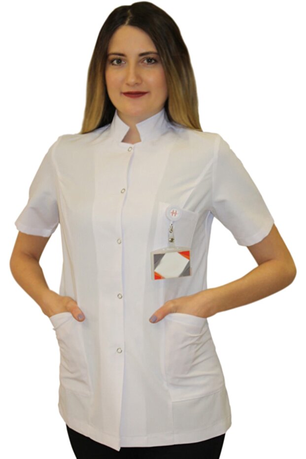 Prevailing Collar Women's Short Length - Short Sleeve Doctor Apron, Teacher Apron, Hospital Uniform, White Apron