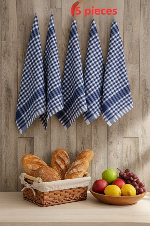 Gingham 5-Piece Blue German Serving Napkin Kitchen Towel Feeding Cover Drying Cloth 47x67cm