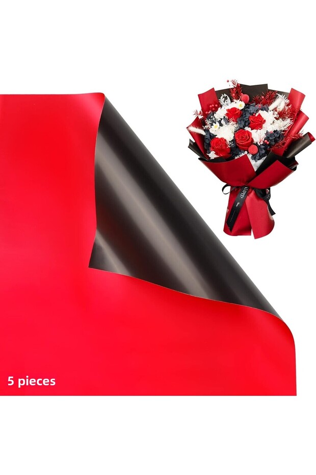 Flower Wrapping Paper 5Pcs, Double Faced Matte Transparent Gift Bouquet Wrapping Paper, Red & Black, 58X58 C