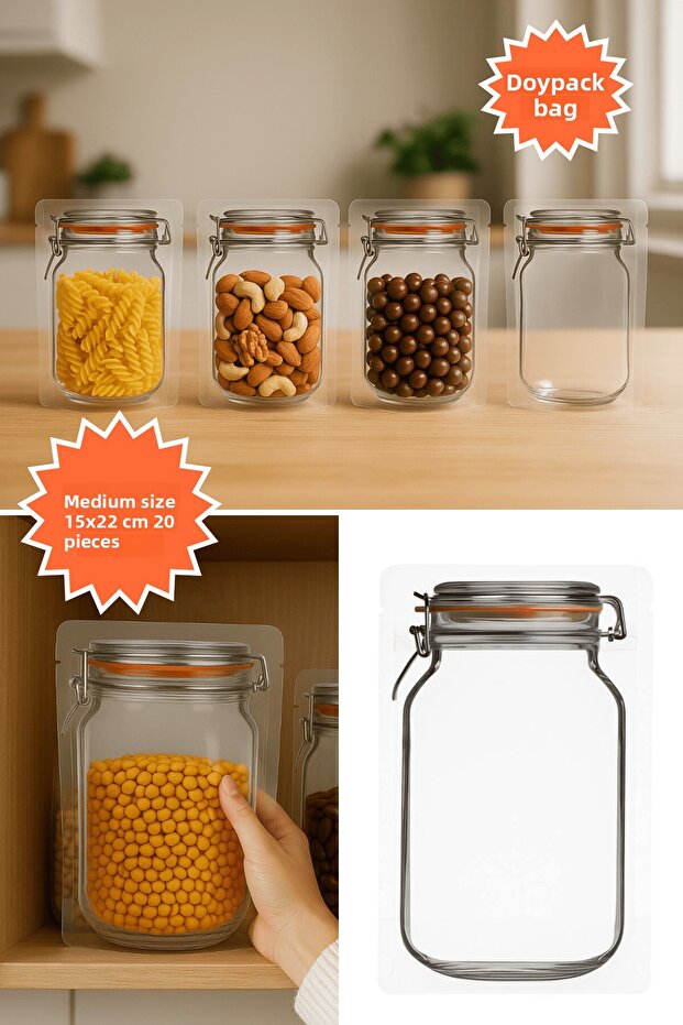 Elite Jar Design Ziplock Transparent Doypack Coffee Nuts Legumes Storage Bag 15X22 cm 20Li