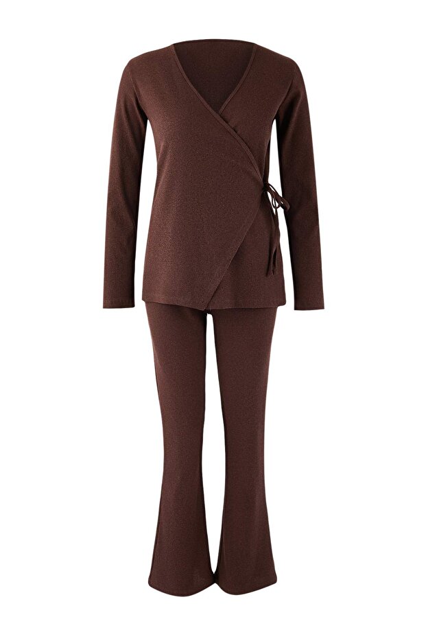 Kahverengi Bağlama Detaylı Kruvaze Fitilli Kimono Örme Pijama Takımı THMAW26PT00003 - 5