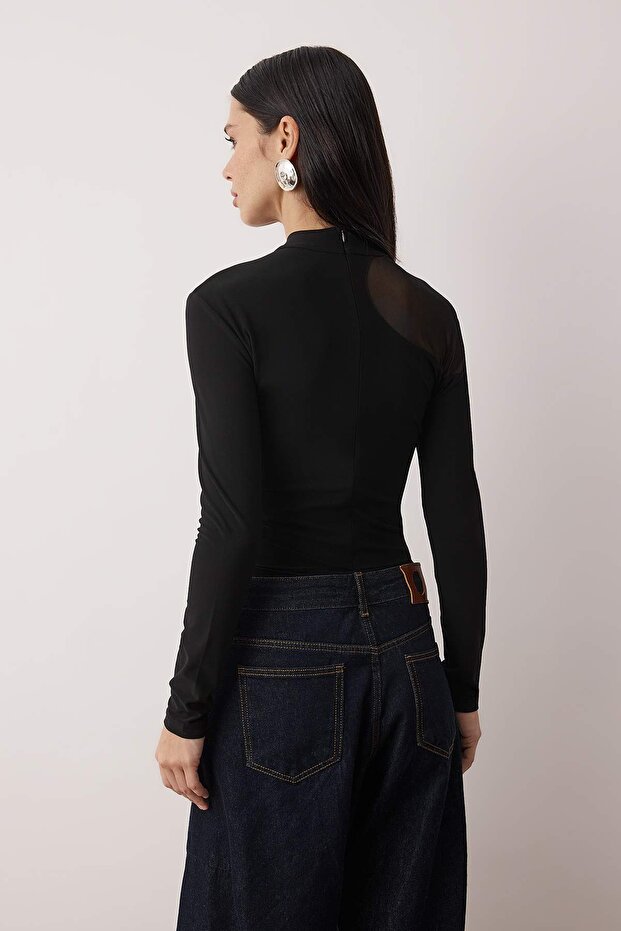Siyah Transparan Detaylı Örme Tül Body TPRAW24BD00011 - 8