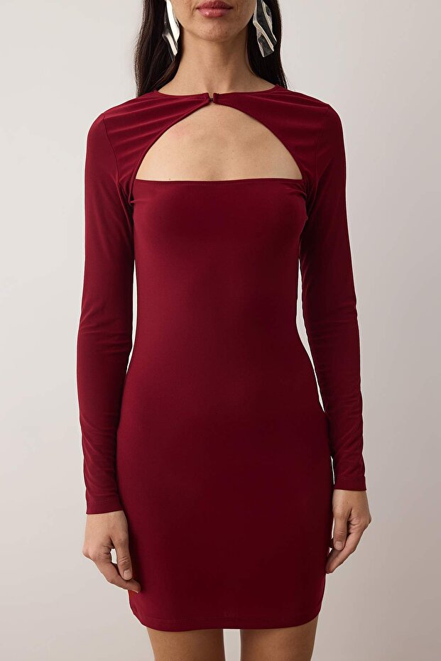 Bordo Vücuda Oturan Örme Kısa Şık Abiye Gece Mezuniyet Elbisesi TPRSS25EL00159 - 3