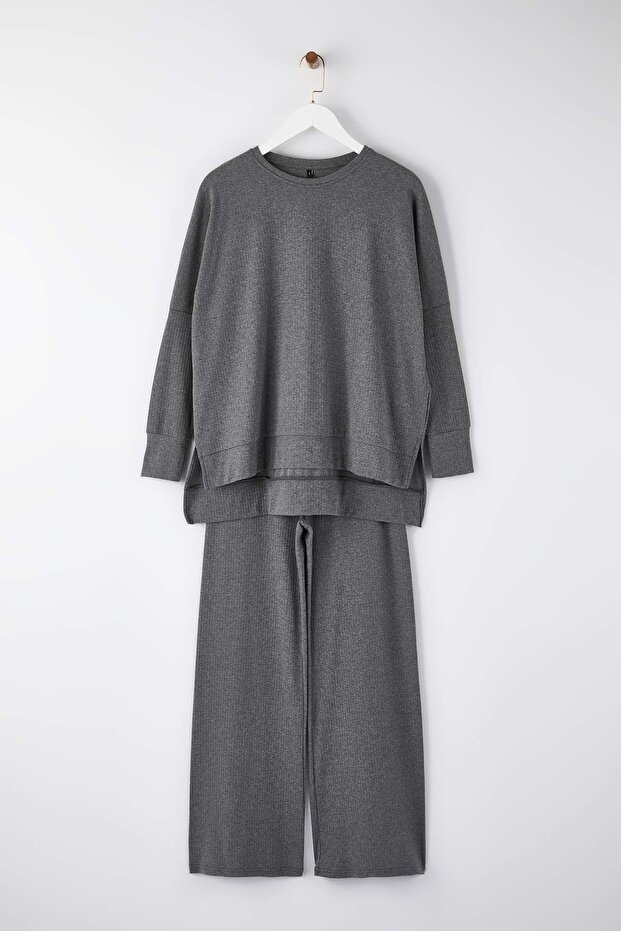 Antrasit Pamuklu Yırtmaçlı Fitilli Örme Pijama Takımı THMAW26PT00223 - 5