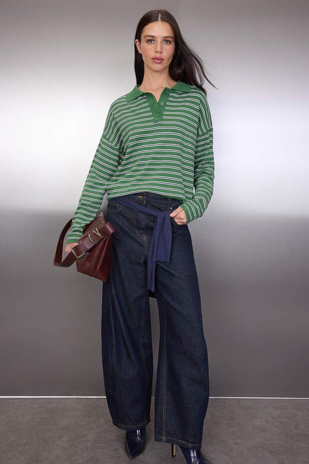 Wardrobe Essentials Yeşil Premium İplik/Özel İplikli Geniş Kalıp Çizgili Triko Kazak TWOAW26KZ00195 - 2