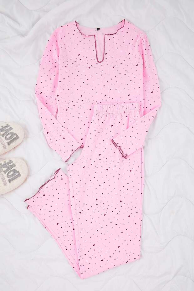 Pembe Pamuklu Likralı Yumuşak Tuşe Kalpli Baby Overlok Detaylı Örme Pijama TakımıTHMAW26PT00166 - 5