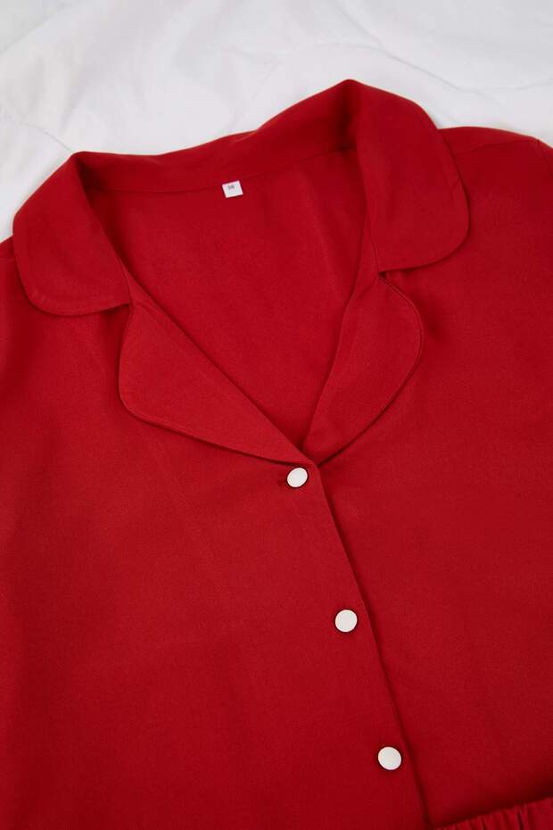 Bordo Kurdele/Fiyonk Nakış Detaylı Viskon Dokuma Pijama Takımı THMAW26PT00089 - 7