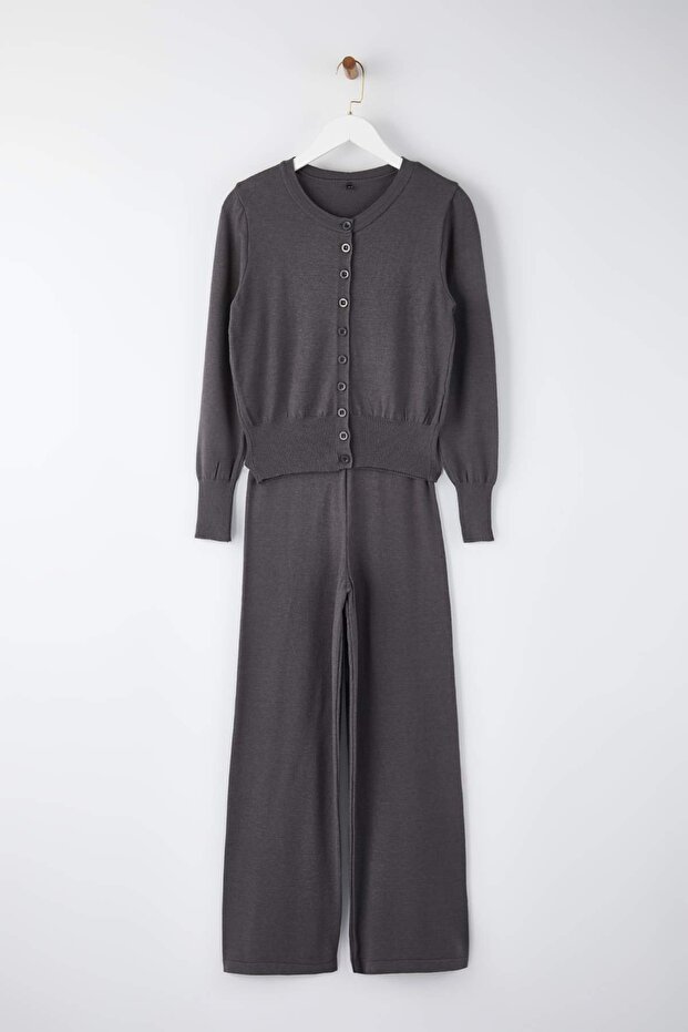 Wardrobe Essentials Antrasit Merserize Görünümlü Triko Hırka-Pantolon Alt-Üst Takım | TWOAW26AU00003 - 5
