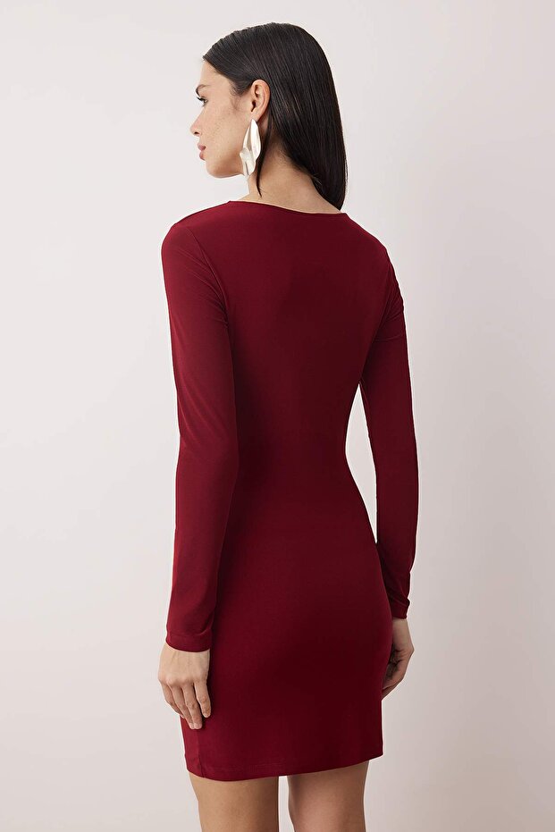 Bordo Vücuda Oturan Örme Kısa Şık Abiye Gece Mezuniyet Elbisesi TPRSS25EL00159 - 4