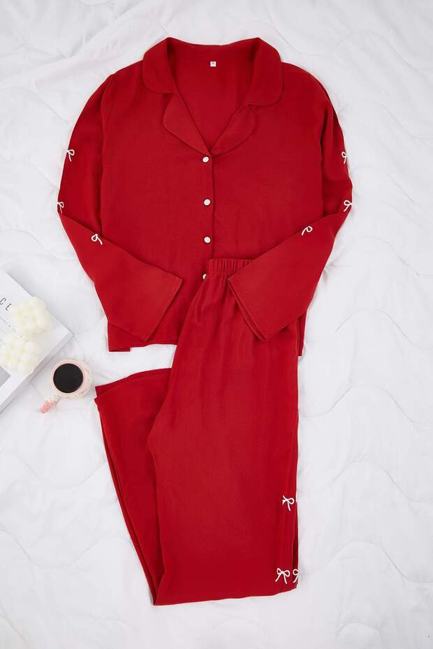 Bordo Kurdele/Fiyonk Nakış Detaylı Viskon Dokuma Pijama Takımı THMAW26PT00089 - 5