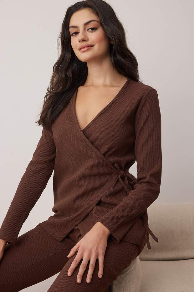 Kahverengi Bağlama Detaylı Kruvaze Fitilli Kimono Örme Pijama Takımı THMAW26PT00003 - 2
